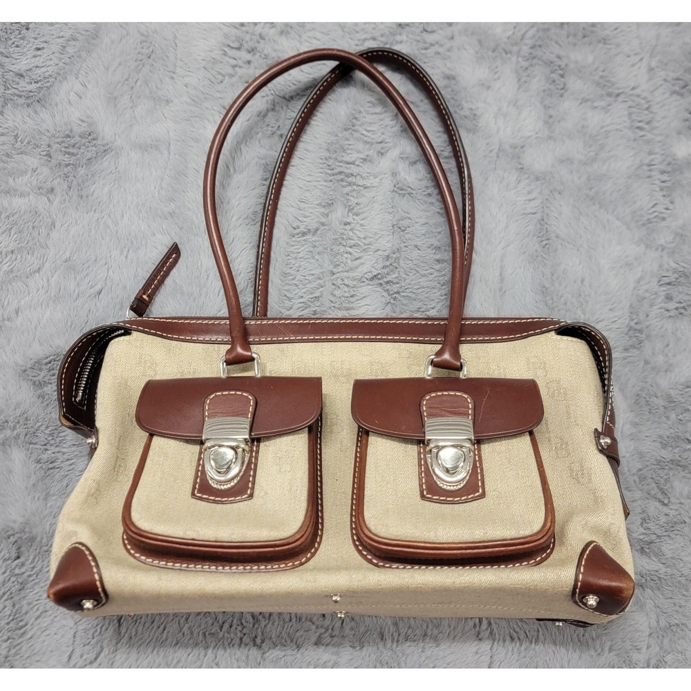 Dooney Bourke Satchel Bag Womens Medium Beige Monogram Canvas Leather Purse